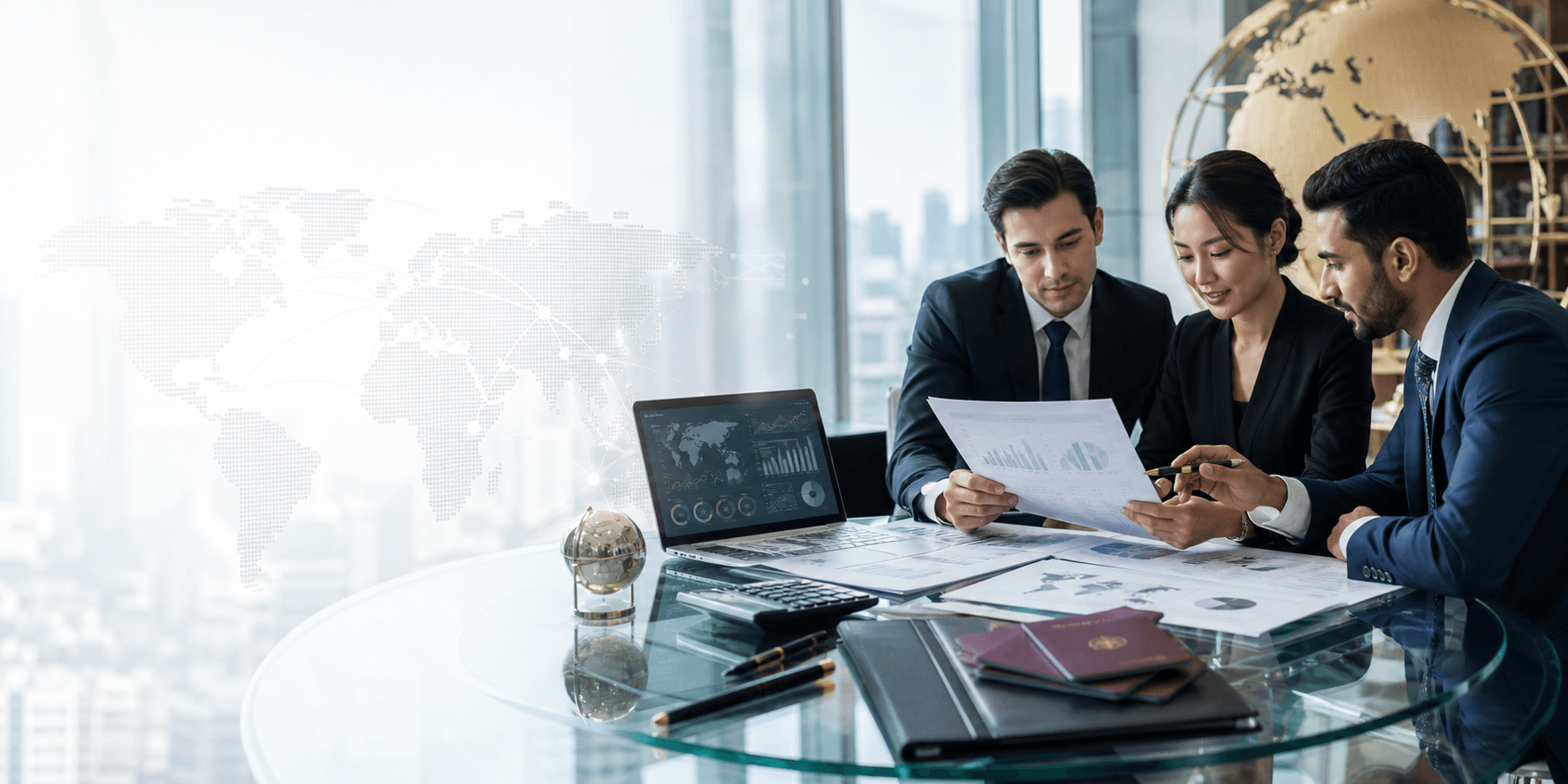 International finance consultants reviewing cross-border business documents